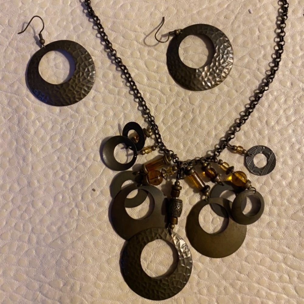 BRONZE BEADED NECLACE AND EARRINGS, COSUTME